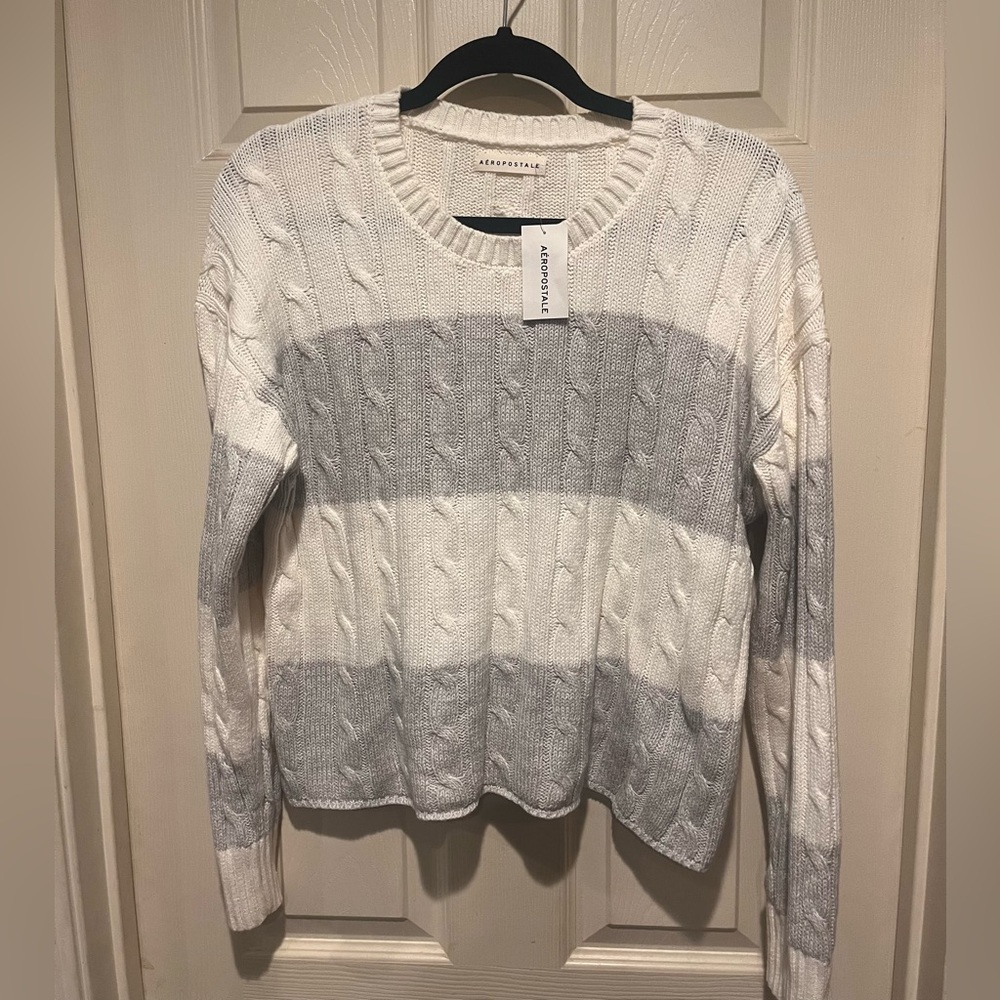 Aeropostale Women's Striped Cable Knit Crew Sweater - White & Light Gray